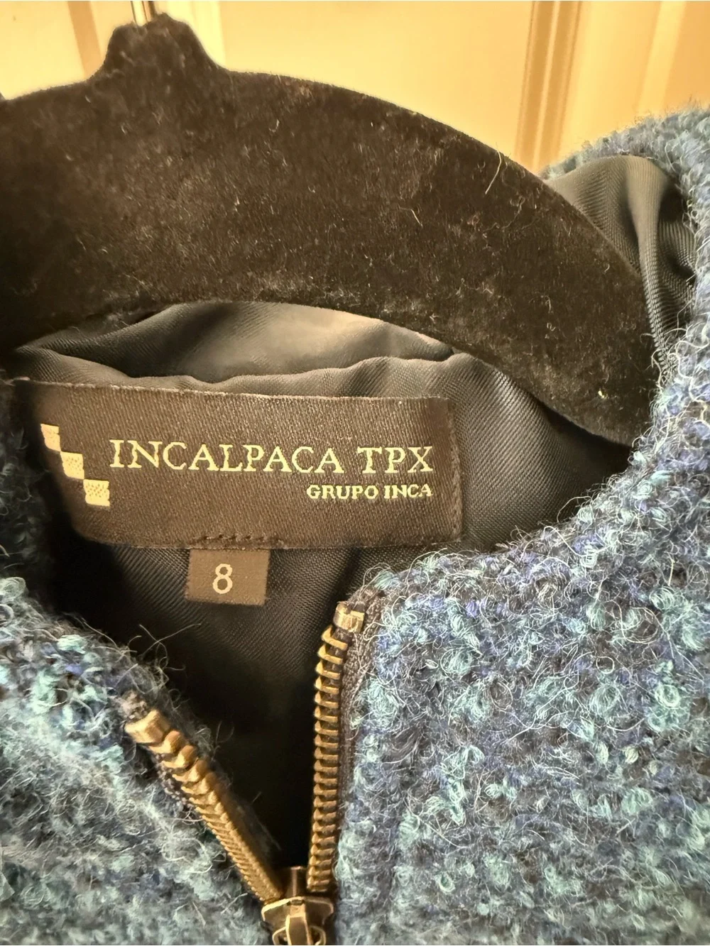 Inkalpaca Kids Blue Hooded Zip-Front Alpaca Blend Padded Coat size 8